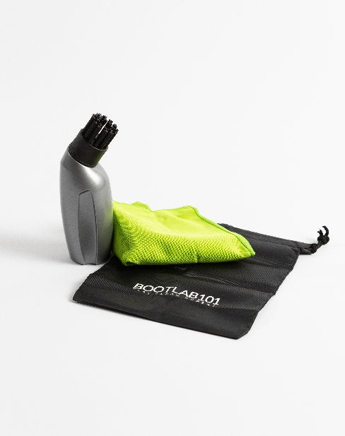 Boot Brush kit contents - brush, cloth and carry bag
